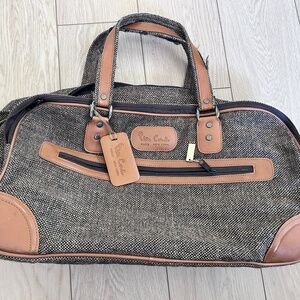 90s Vintage Pierre Cardin Brown tweed and leather carry on/duffel bag
